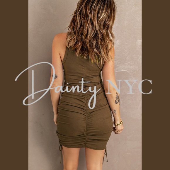 Ruched Drawstring Bodycon Mini Dress BROWN - Picture 4 of 9